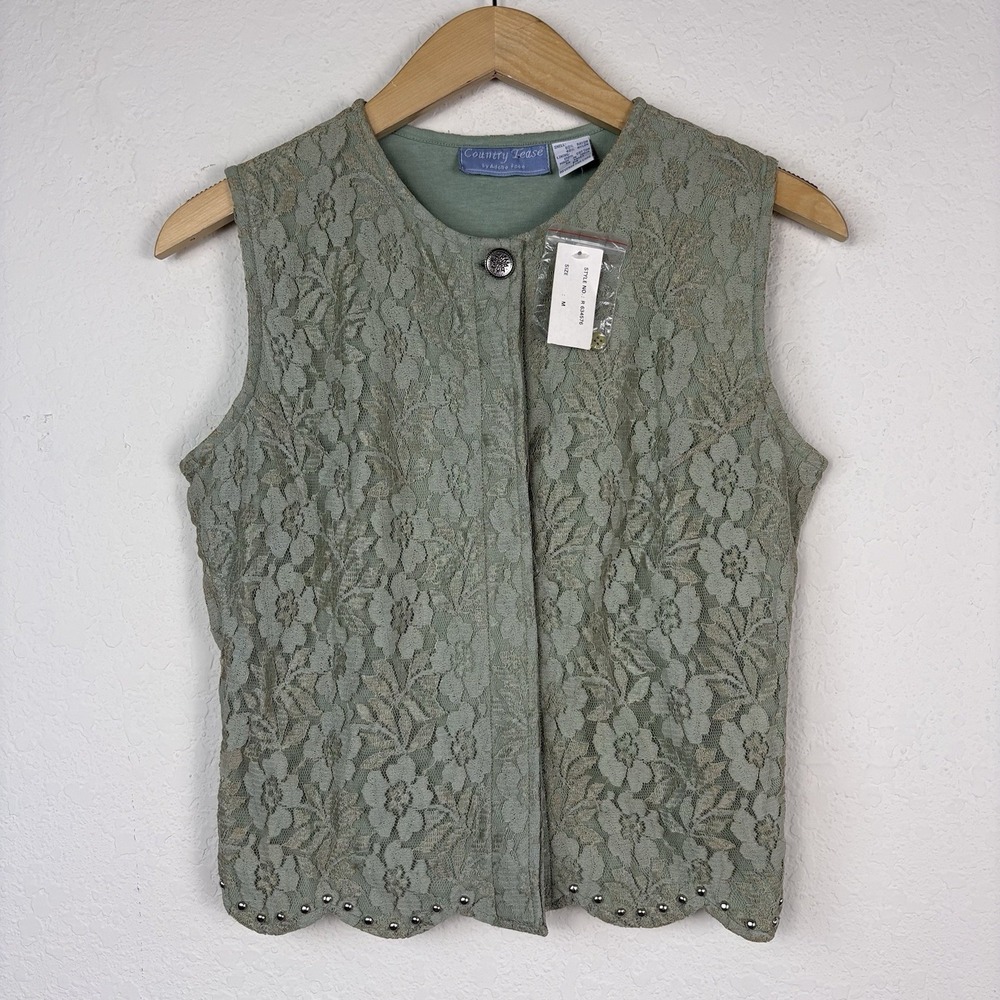 Vtg Country Tease Size M Lace Top Sleeveless Green Cottagecore Western Boho Vest